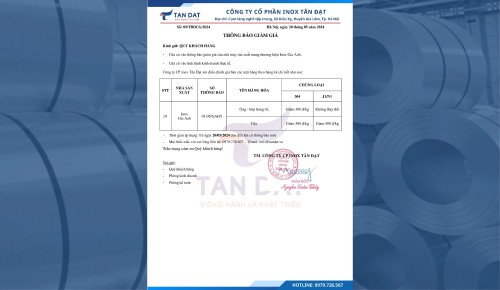 THÔNG BÁO ĐIỀU CHỈNH GIÁ INOX NGÀY 20/05/2024