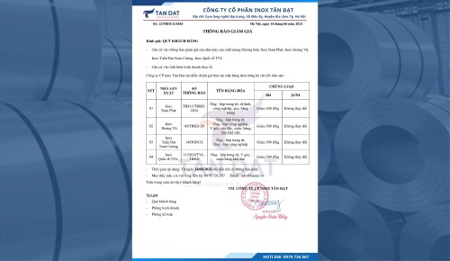 THÔNG BÁO GIẢM GIÁ INOX NGÀY 14/06/2024