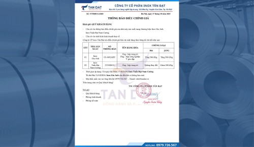 THÔNG BÁO ĐIỀU CHỈNH GIÁ INOX NGÀY 17/10/2024