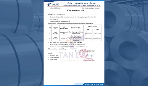 THÔNG BÁO TĂNG GIÁ INOX NGÀY 22/10/2024