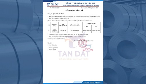 THÔNG BÁO GIẢM GIÁ INOX NGÀY 20/02/2025