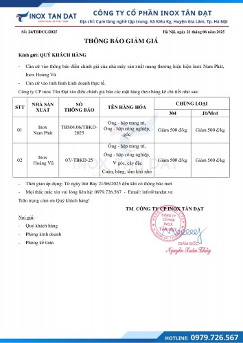 Thông báo điều chỉnh giá inox ngày 21/6/2025