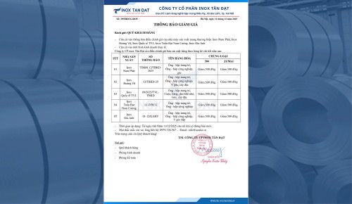 Thông báo giảm giá inox ngày 11/12/2025