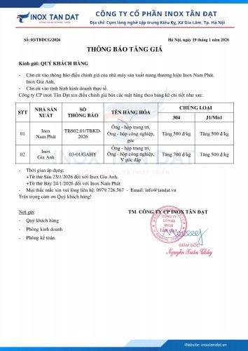 Thông báo tăng giá inox ngày 20/1/2026