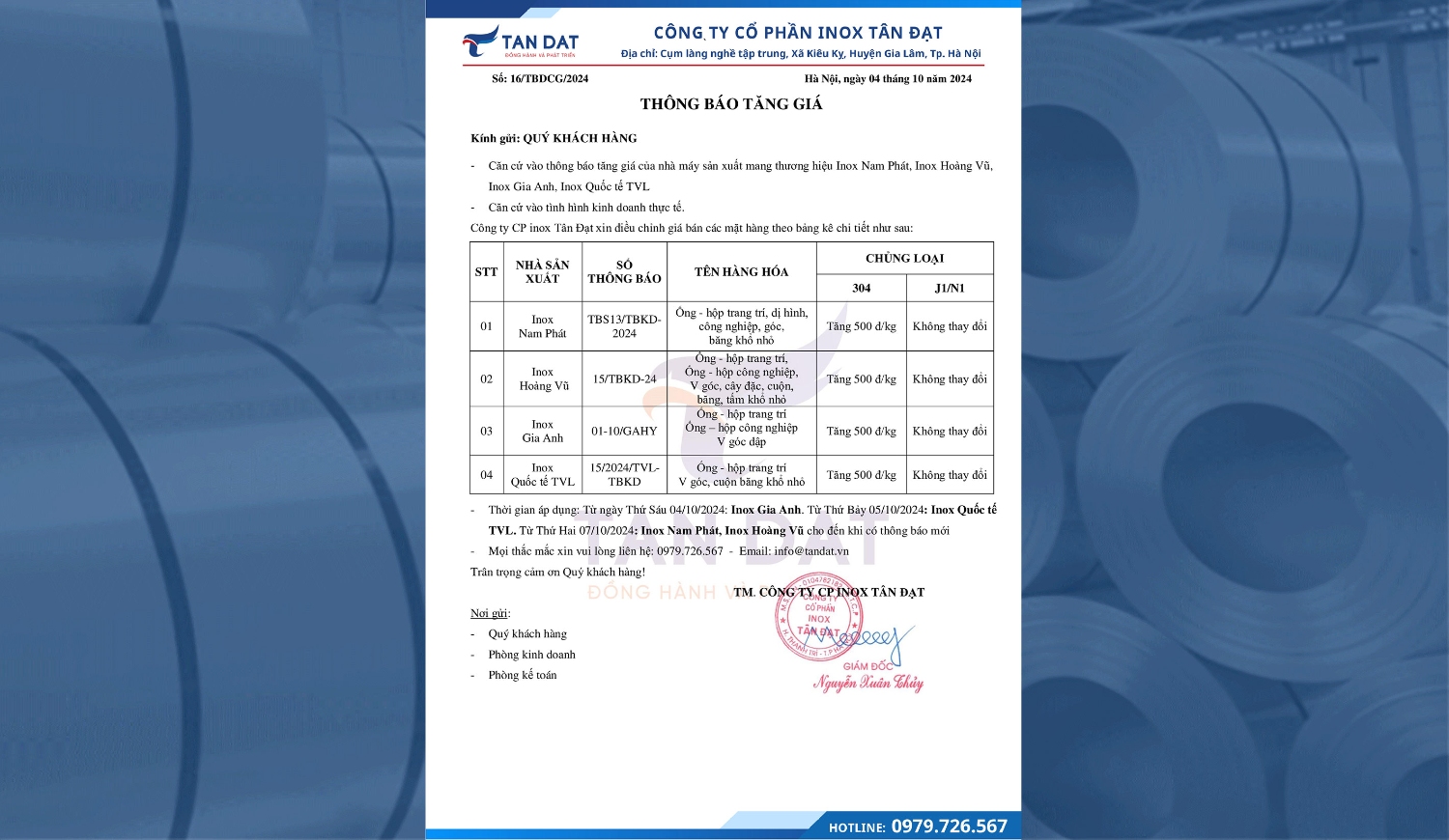 THÔNG BÁO TĂNG GIÁ INOX NGÀY 04/10/2024