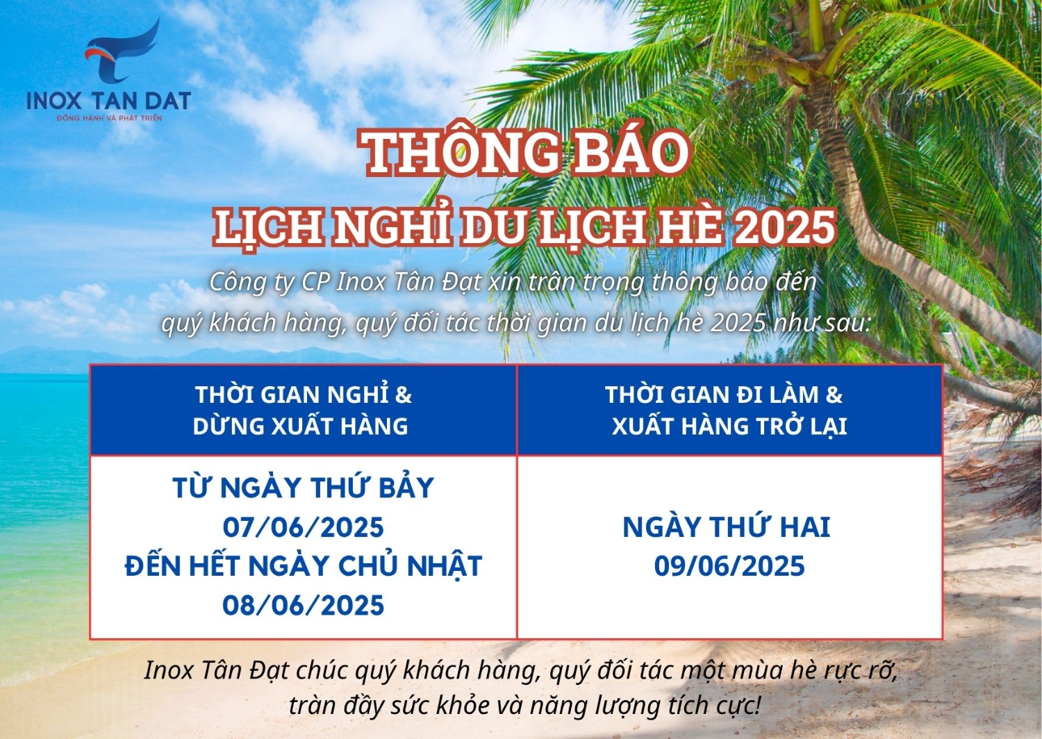 KH Thông báo nghỉ du lịch hè 2025