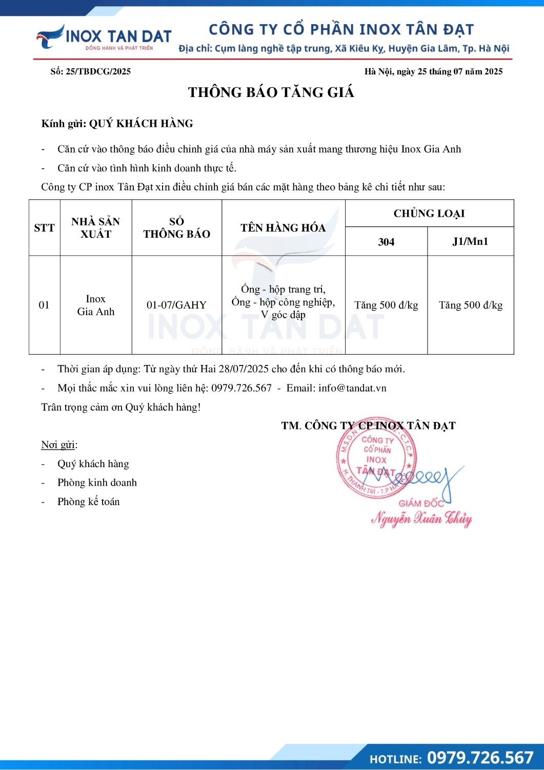 Điều chỉnh giá inox 250725