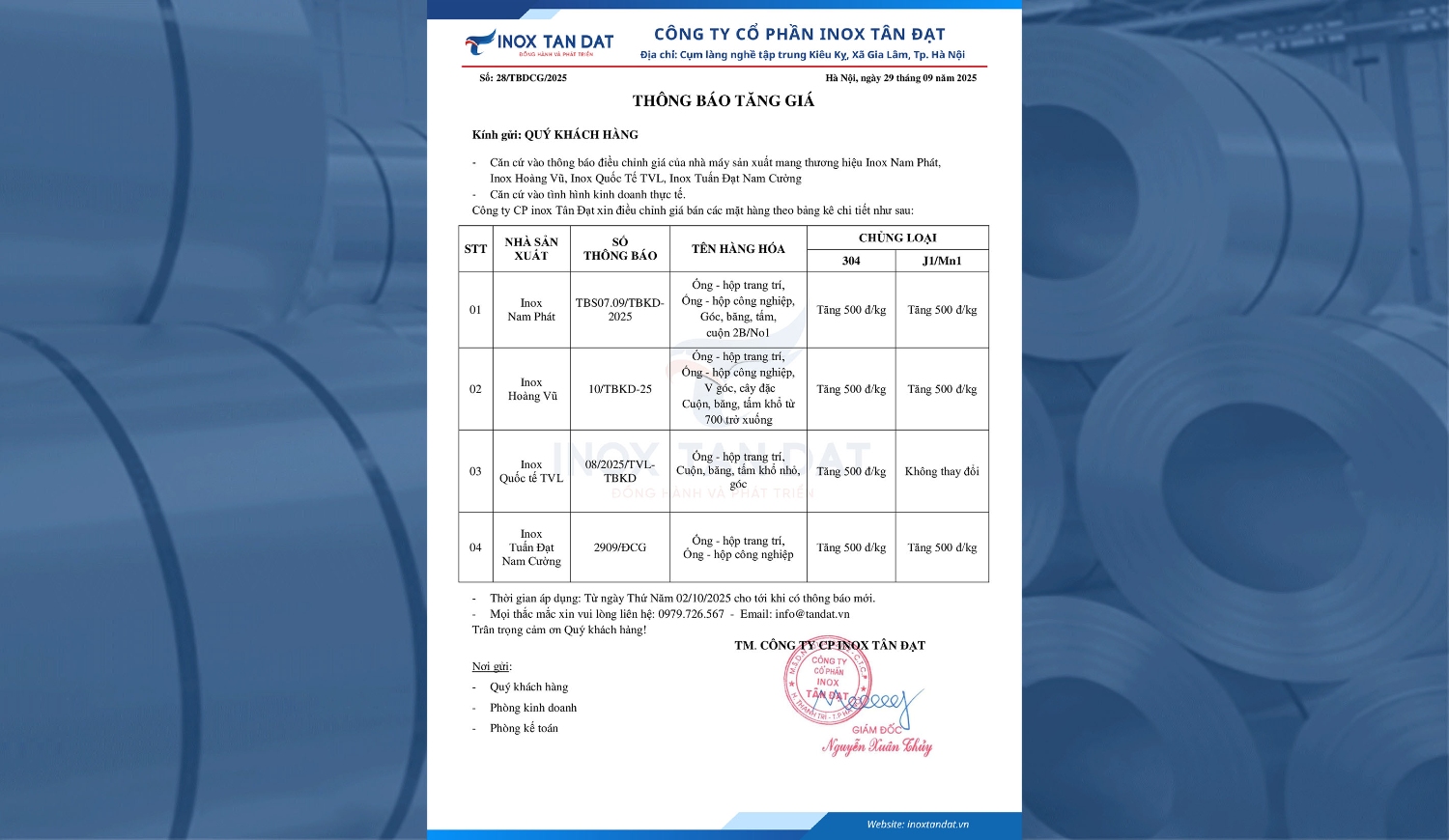 Thông báo tăng giá inox ngày 29/9/2025