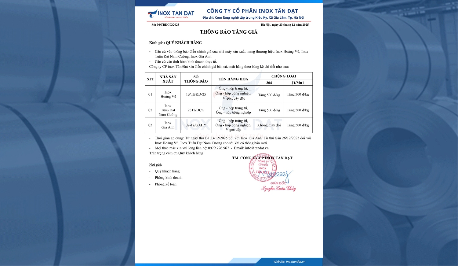 Thông báo tăng giá inox ngày 23/12/2025
