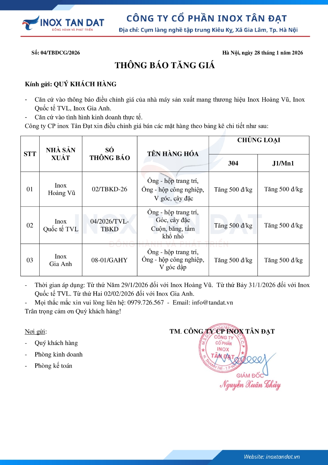 Điều chỉnh giá inox 2812026 3H 02