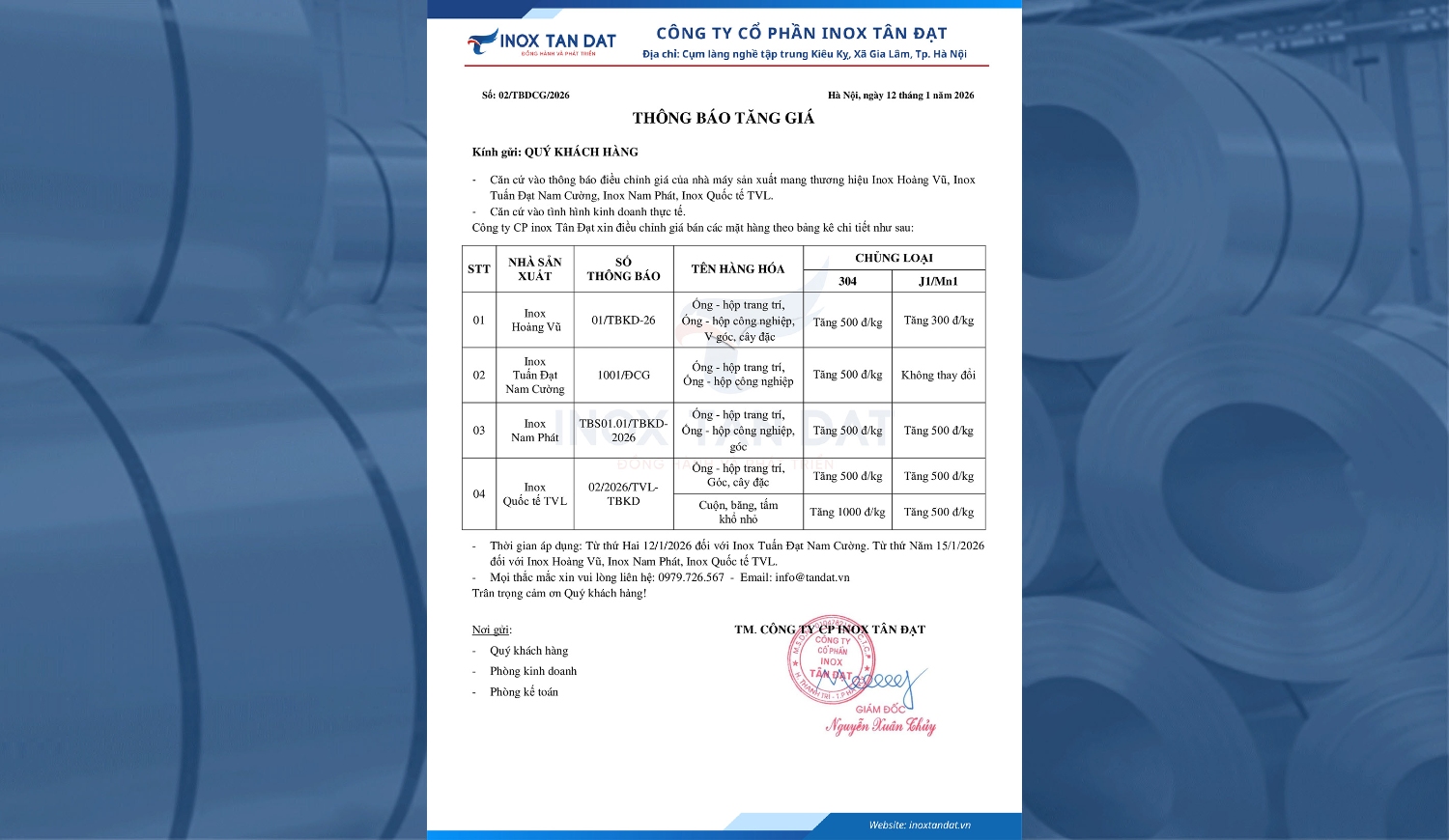 Thông báo tăng giá inox ngày 12/1/2026