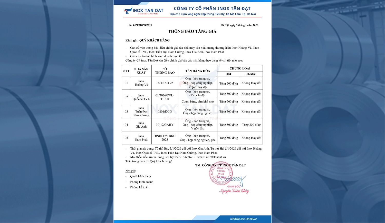 Thông báo tăng giá inox ngày 2/1/2026