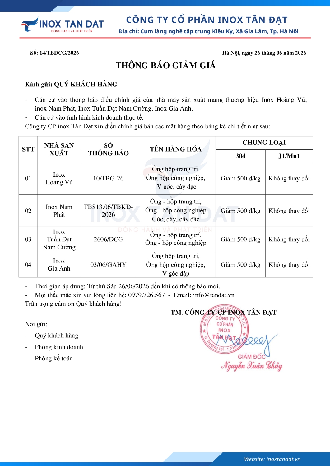 Thông báo giảm giá Inox